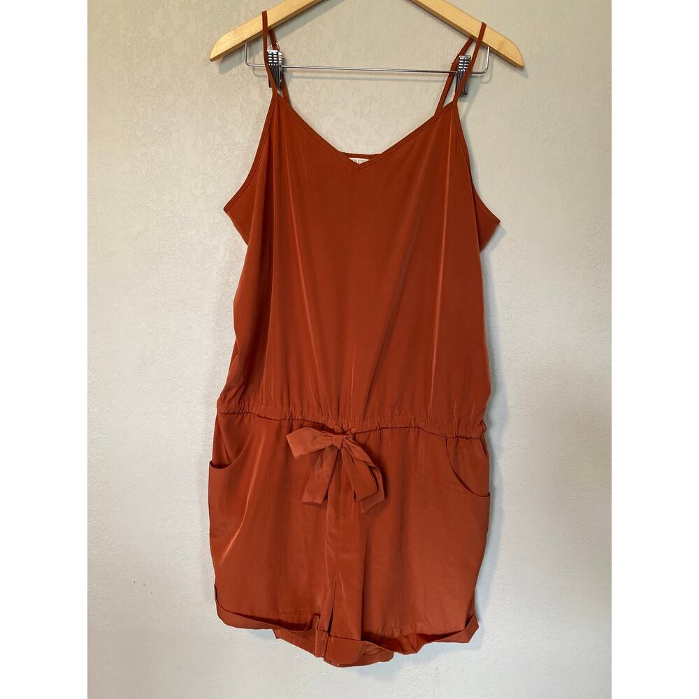 J.Crew burnt orange spaghetti strap romper V-neck cinched tie waist pockets SZ L